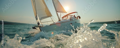 A dynamic sailboat slices through choppy water, sun reflecting off sparkling waves. Immersive perspective captures the luxury and thrill of adventurous yacht sailing.