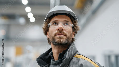 Engineer hard hat safety glasses factory worker portrait professional industrial medium shot of male technician looking upward workplace with