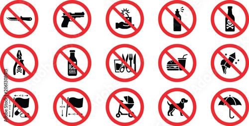 Prohibited items sign for public events, showing forbidden objects and activities.