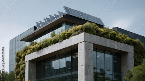 Green architecture office building solar panel vertical garden modern sustainable glass facade concrete rooftop plant urban design Green
