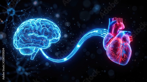 Glowing brain and heart connected by a neural pathway