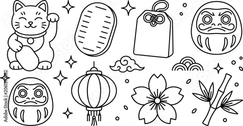 Japanese lucky culture symbol element doodle set maneki neko daruma sakura lantern line art vectors