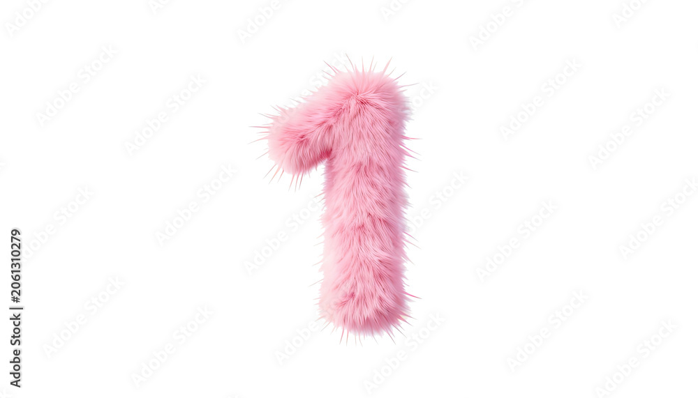Fototapeta premium Pink Furry Number One Isolated on White Background