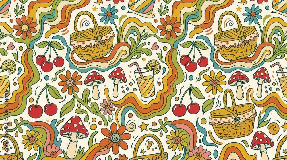 Naklejka premium Vibrant retro pattern with picnic baskets, cool drinks, red cherries, and spotty mushrooms