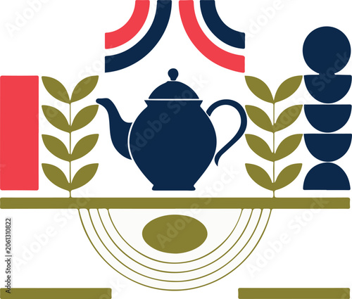 Elegant Tea Pot and Botanical Geometric Vector Illustration in Scandinavian Style
