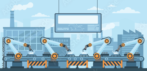 Smart factory automation with robotic arms operating on industrial assembly line in modern manufacturing plant and Industry 4.0 technology concept