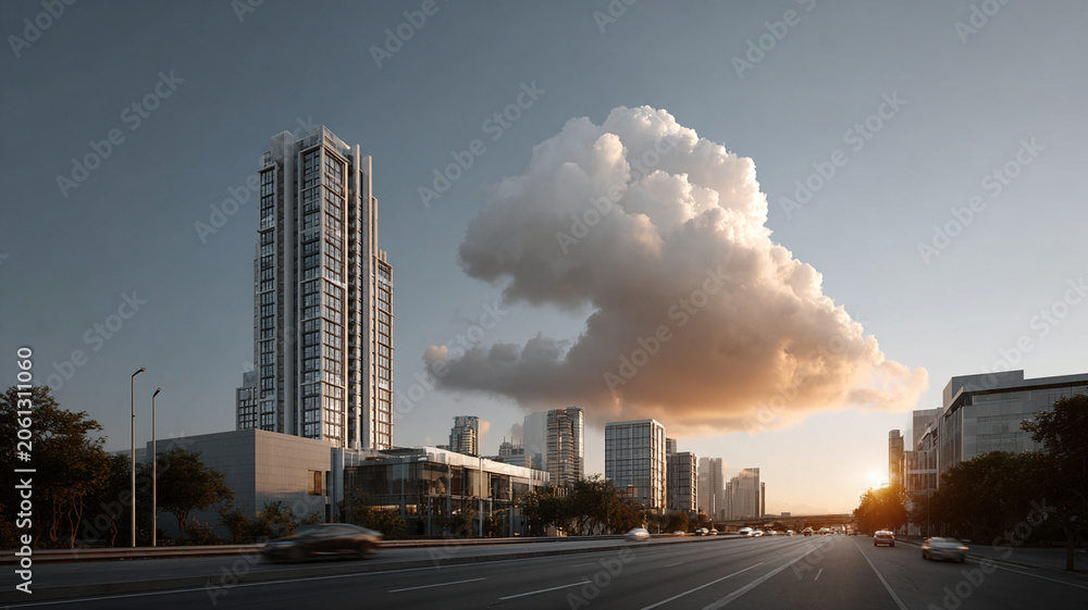Obraz premium City skyline cloud computing campus urban road tower Modern cloud computing campus connected to urban skyline with dramatic cloud over road sunset