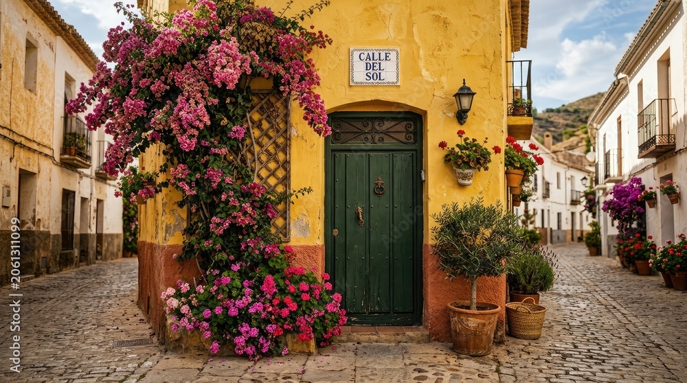 Fototapeta premium Vibrant flowers adorn a quaint spanish street with cobblestone pavement