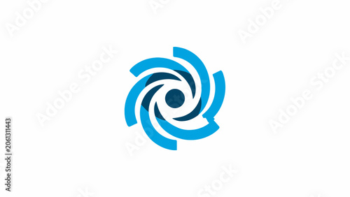 Blue geometric cyclone swirl logo with center circle.