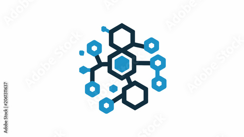 Blue hexagonal network node connectivity icon.