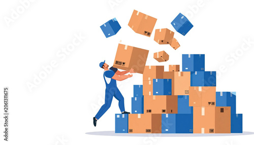 Man in blue moving stacked boxes.