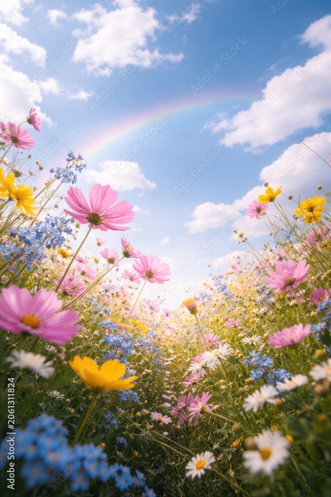 Fototapeta premium Vibrant meadow under rainbow sky.