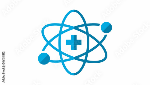 Blue outline atom symbol with central medical healthcare cross.