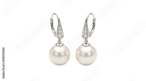 Elegant pearl drop earrings with silver diamond accents, classic bridal jewelry for weddings, luxury white pearl leverback earrings for formal events isolated PNG with Transparent Background