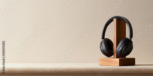 Black wireless headphones on wooden stand