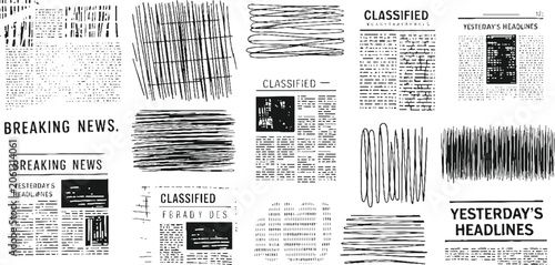 Foto Collection of black and white newspaper clippings and abstract line breaking yes