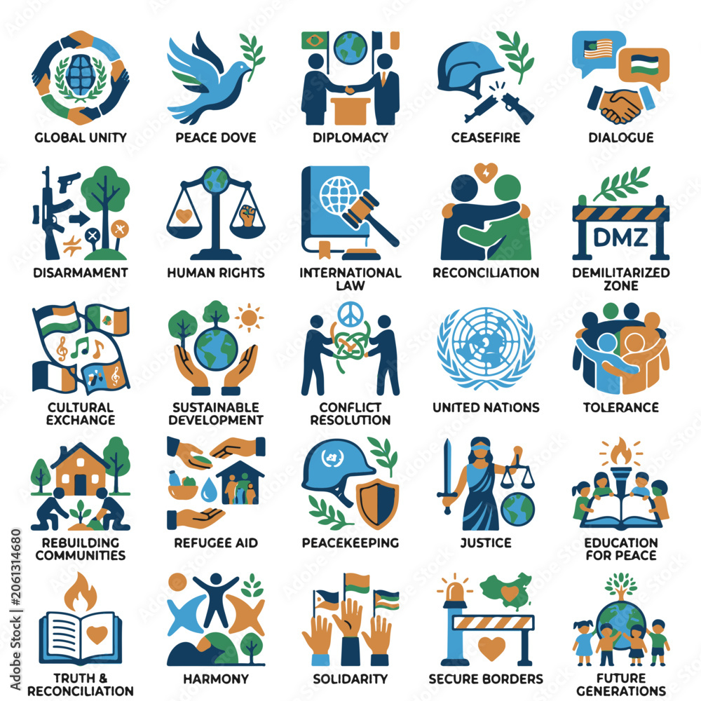 Fototapeta premium Global Peace Icons Symbols for World Unity and Harmony