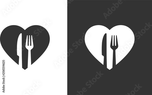 Minimalist heart icon with fork and knife, symbolizing love for food and dining.