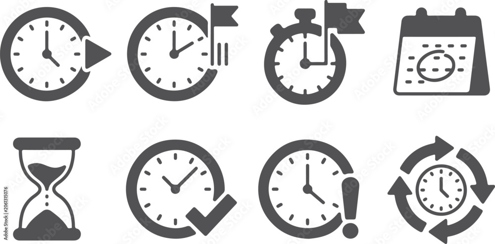 Fototapeta premium collection of eight clock and time related icons for workflow and business processes including hourglass calendar stopwatch and rotating arrows on transparent background.