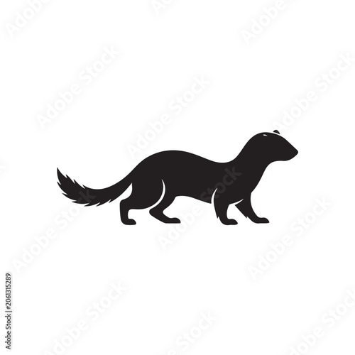 Black silhouette of a small wild mustelid animal standing, side profile view of a ferret or weasel isolated on a white background