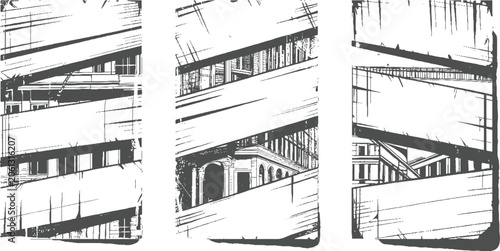 Foto Three abstract panels depicting architectural and geometric lines in grayscale a