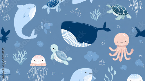 Seamless marine animal pattern with fish dolphin shark octopus whale turtle starfish crab jellyfish underwater ocean vector illustration pattern