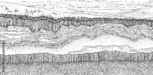 Canvastavla Detailed cross section of layered soil strata with grass and pebbles layers
