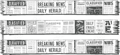 Black and white newspaper clippings with headlines and text in a horizontal strip