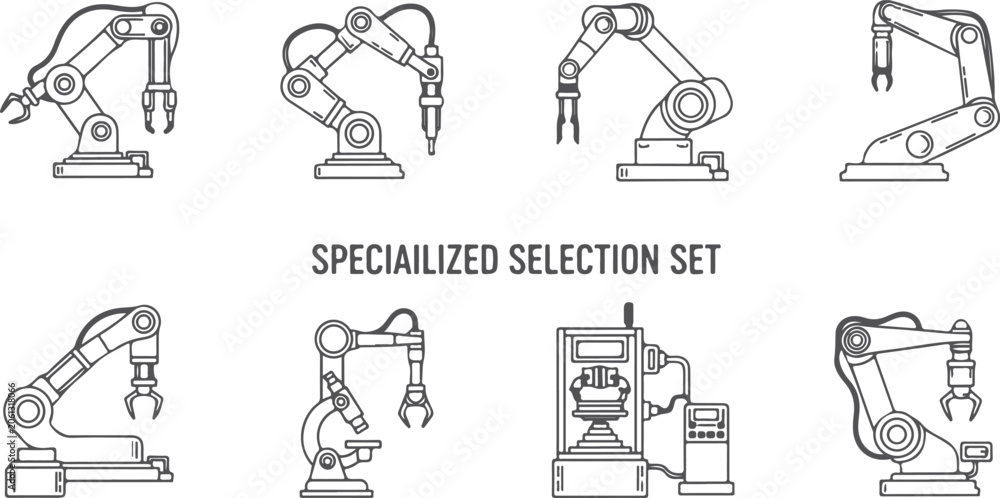 Obraz premium Set of robotic arm icons in various configurations representing industrial automation and specialized machinery with detailed mechanical engineering elements.