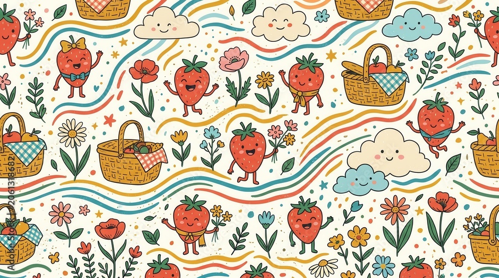 Naklejka premium Happy strawberries, full picnic baskets, blooming flowers, and smiling clouds create a lively scene
