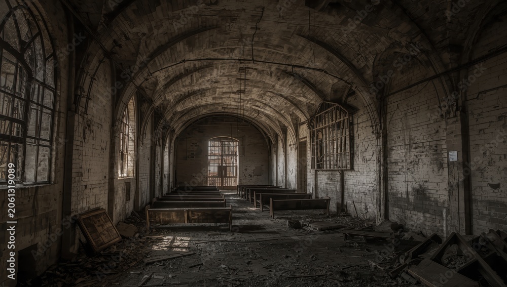 Naklejka premium Arched hallway of a deserted jail.