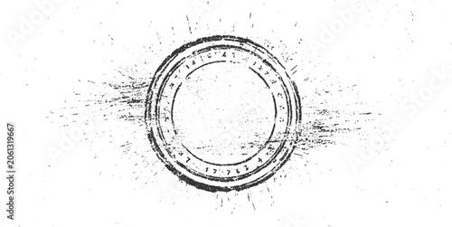 Distressed circular stamp with radiating lines and scattered dots on white background grunge seal