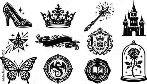 Bild auf Leinwand Fairytale Fantasy Icons and Magical Emblems Vector Set with Crown Castle Wand Ro
