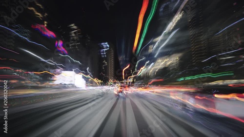 Hyperlapse night ride through Tokyo’s neon metropolis, car windshield view, rapid motion-blur highway with echo effect, glowing light trails, traffic and skyscrapers in time-lapse footage.