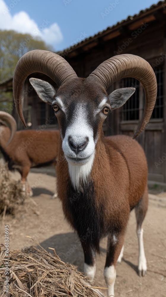 Obraz premium Close-up portrait of a mouflon looking at the camera in a natural setting with wooden building in background, showcasing its features and details