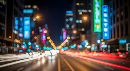 City street at night with blurred car lights and neon signs bokeh.