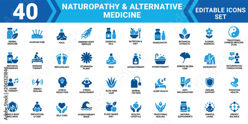 Bild auf Leinwand Naturopathy alternative medicine icon set 40 editable vector illustrations for w