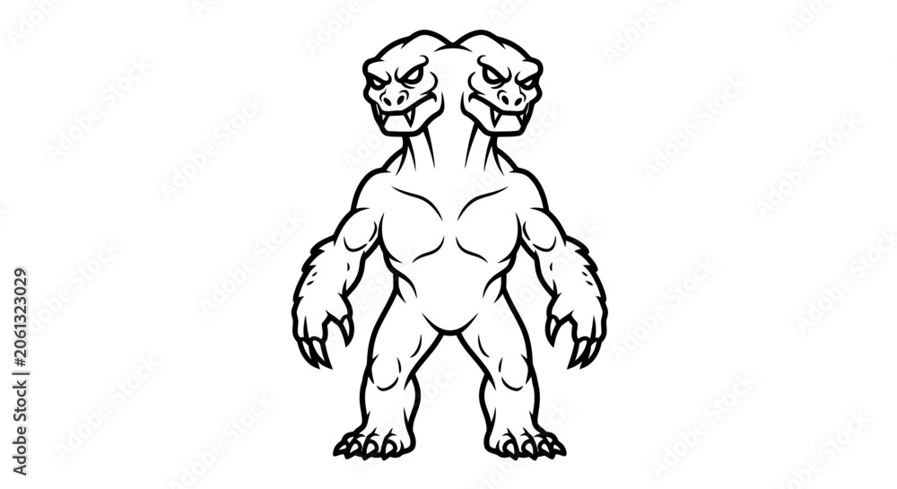 Obraz premium A muscular two-headed monster stands confidently with sharp claws and angry facial expressions in a powerful stance.