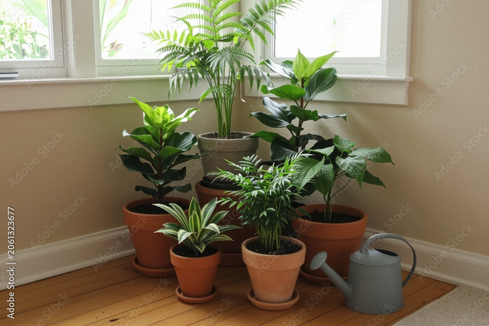 Fototapeta premium Houseplants sit in ceramic pots within a cozy room corner. Green plants grow in terracotta containers on a wooden floor. Indoor flora decorates an apartment interior near a window.