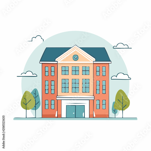 Flat Illustration of a School Building with Trees and Clouds