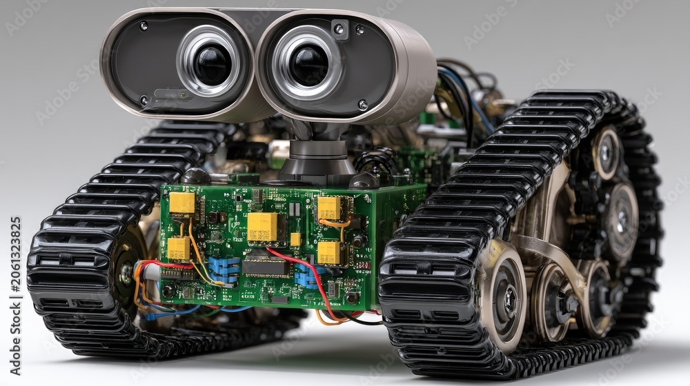 Fototapeta premium Small robot with detailed features on a plain background showcasing its electronic components and track wheels