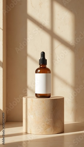 Brown glass bottle on a wooden pedestal near a sunny window