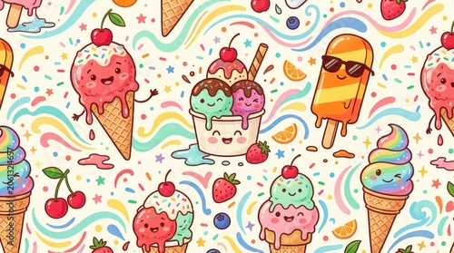 This joyful background displays delightful ice cream treats, sprinkles, and fresh fruit accents