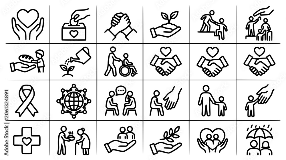 Fototapeta premium Icons Representing Community Support and Social Services Featuring Charity, Donation, Help with Hand and Heart Elements for Care, Volunteer Projects