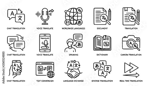 Fotografie Language Translation App Line Icon Set, Chat Bubble Translator Vector Icons