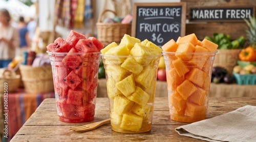 Fruit Cups for Sale at Local Market, Fresh Produce, Vibrant Colors, Outdoor Setting, Daytime, Close-Up View