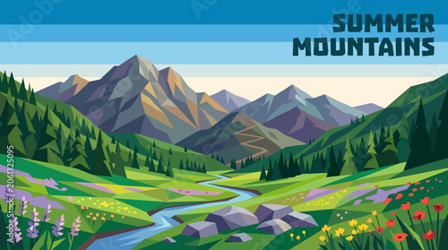 Beautiful summer mountain landscape with green forests colorful meadows clear sky and peaceful natural scenery