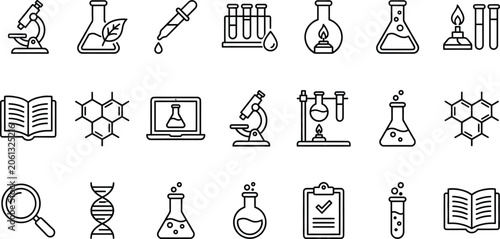 Science laboratory research chemistry education element doodle set beaker microscope dna helix line art vectors