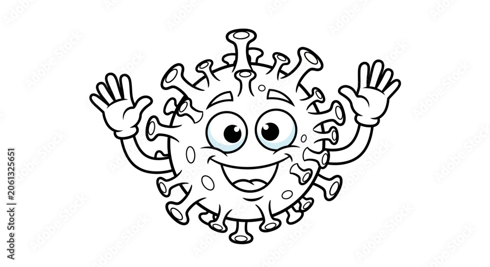 Fototapeta premium Friendly cartoon virus character waves with hands up