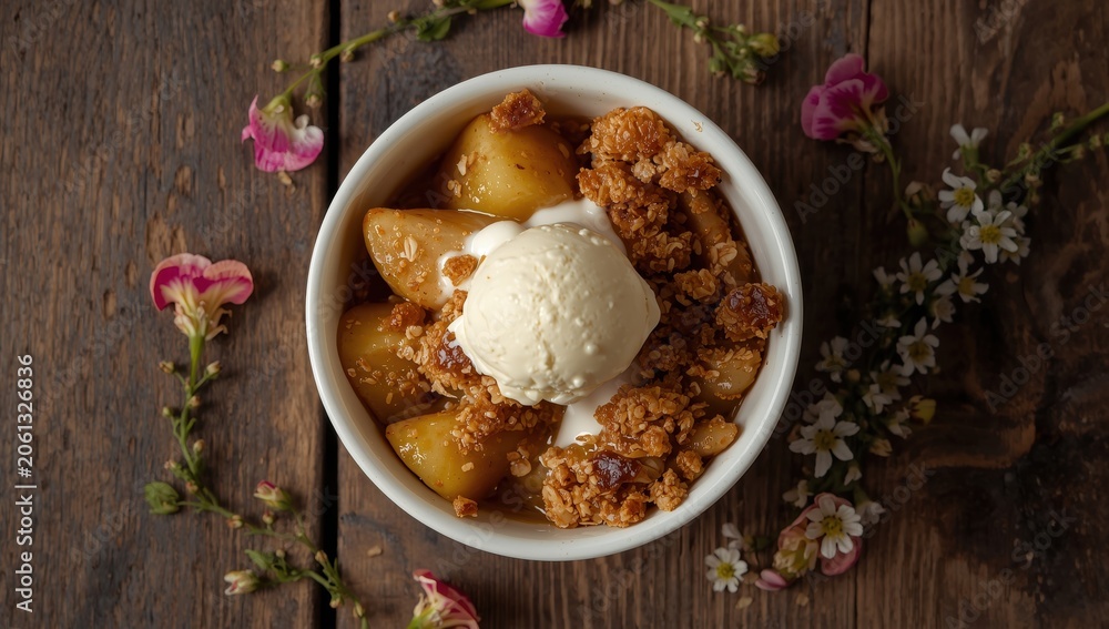 Fototapeta premium Close-up top view of ice cream apple crumble with flowers and streusel.